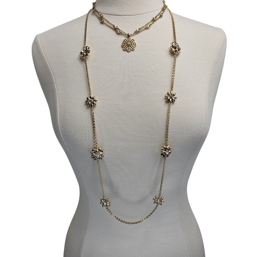 Charter Club Necklace Set Goldtone Mandala Pendant Flower Beads Rhinestones 44"